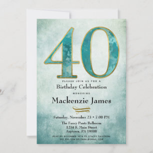 40th Birthday Invitation Turquoise Blue Gold Adult