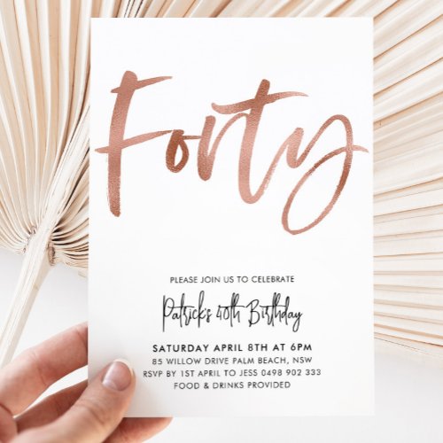 40th Birthday Invitation White Rose Gold Forty 