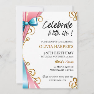 40th Birthday Invitation with Pink & Blue Ribbons