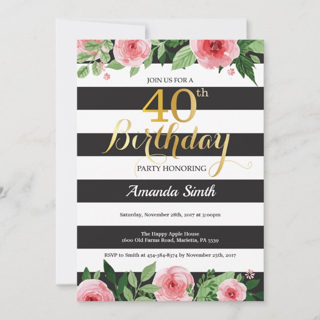 40th Birthday Invitation Women. Floral Gold Black (Front)