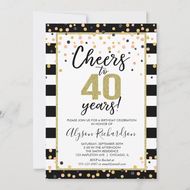 40th birthday invitations, black and gold confetti invitation (Front)