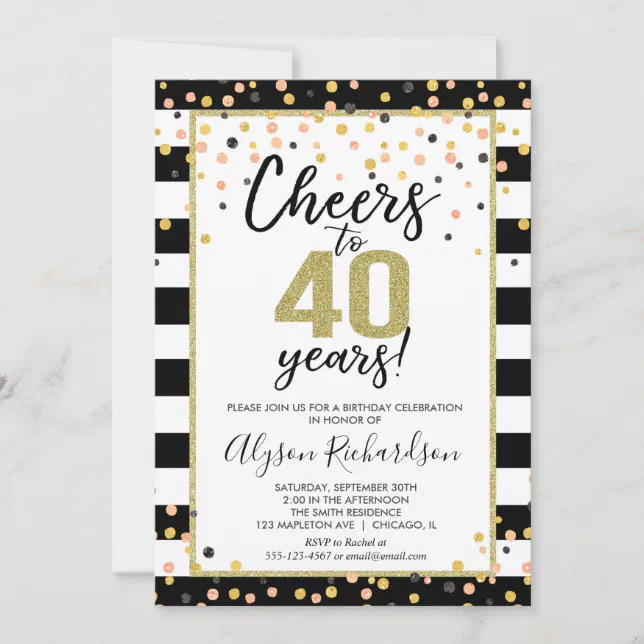 40th birthday invitations, black and gold confetti invitation | Zazzle