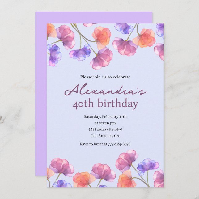 40th birthday invitations Boho Floral Chic (Front/Back)