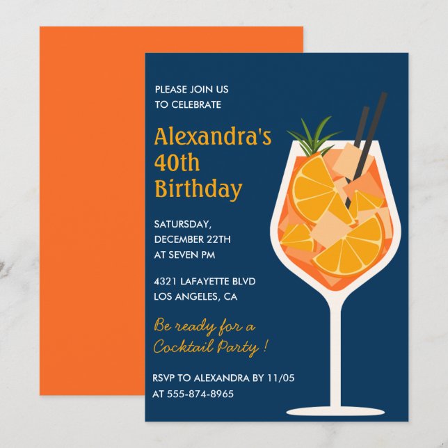 40th birthday invitations Cocktail Elegant Navy (Front/Back)