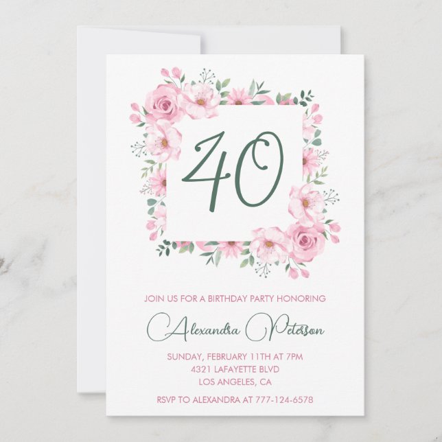 40th birthday invitations Floral Elegant Pink (Front)
