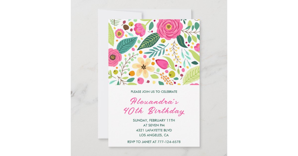 40th birthday invitations Flowers Simple Colorful | Zazzle