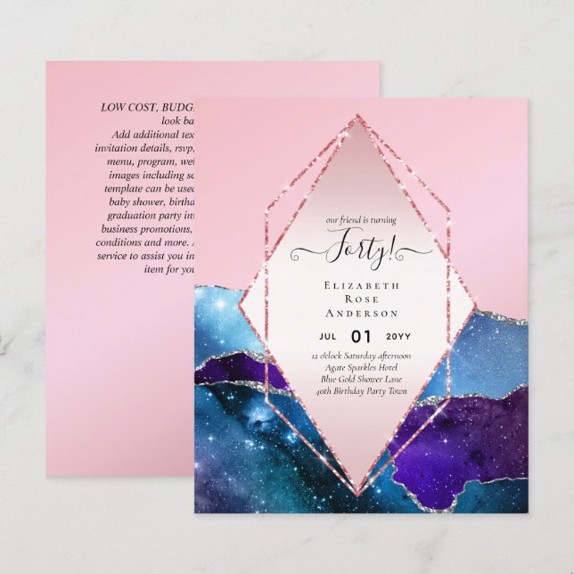 40th Birthday Invitations Glamor Girly Modern FUN (Front/Back)