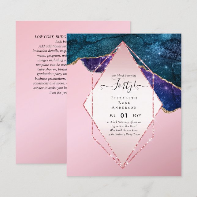 40th Birthday Invitations Glamor Girly Modern FUN (Front/Back)