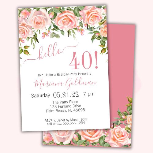 40th Birthday Invitations Pink Floral Modern Party