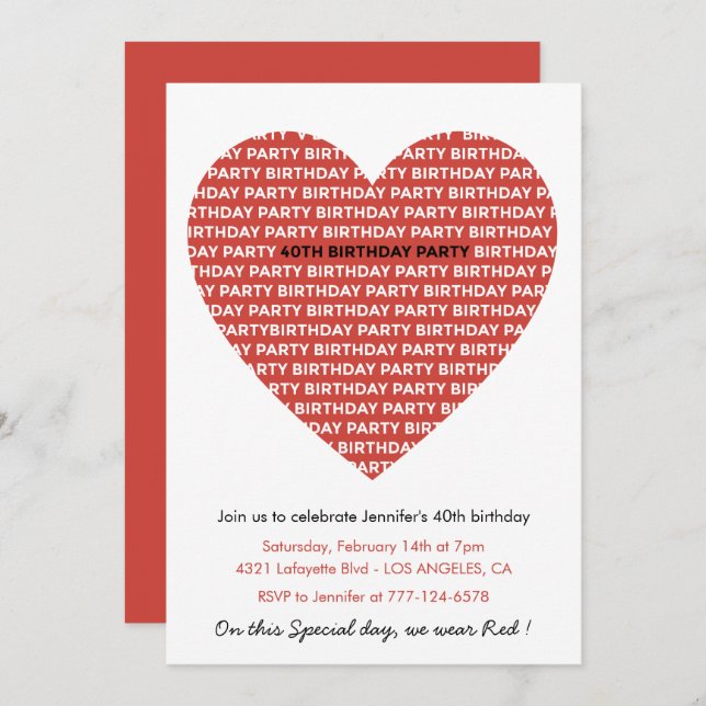 40th birthday invitations Typography Red Black (Front/Back)