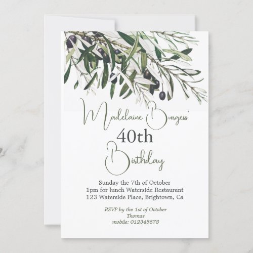 40th Birthday Italian Olive Branch Elegant  Invitation