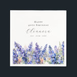 40th Birthday July Birth Flower Larkspur Custom Napkins<br><div class="desc">Perfect table decor for a July birthday party. Blue larkspur (delphinium) is the birth flower for that month. It forms a pretty watercolor bottom border on this floral personalized napkin. The birthday celebrant's name,  age and birthdate are placed above it using elegant calligraphy and typography. All text is editable.</div>