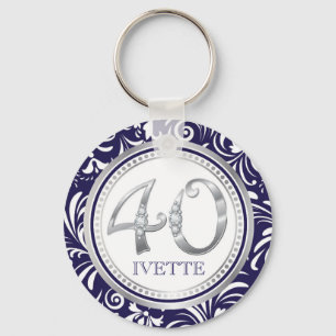 40th Birthday Key Chain-Navy Blue & Silver Keychain
