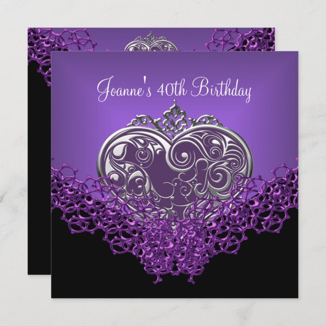 40th Birthday Lace Black Silver Deep Purple Heart Invitation (Front/Back)