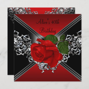 40th Birthday Lace Black White Silver RED Rose Invitation