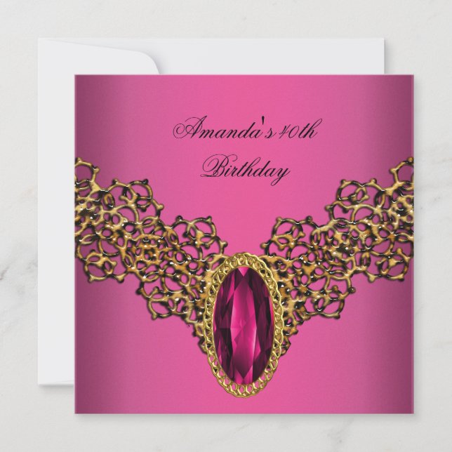 40th Birthday Lace Pink Gold Wild Jewel Invitation (Front)