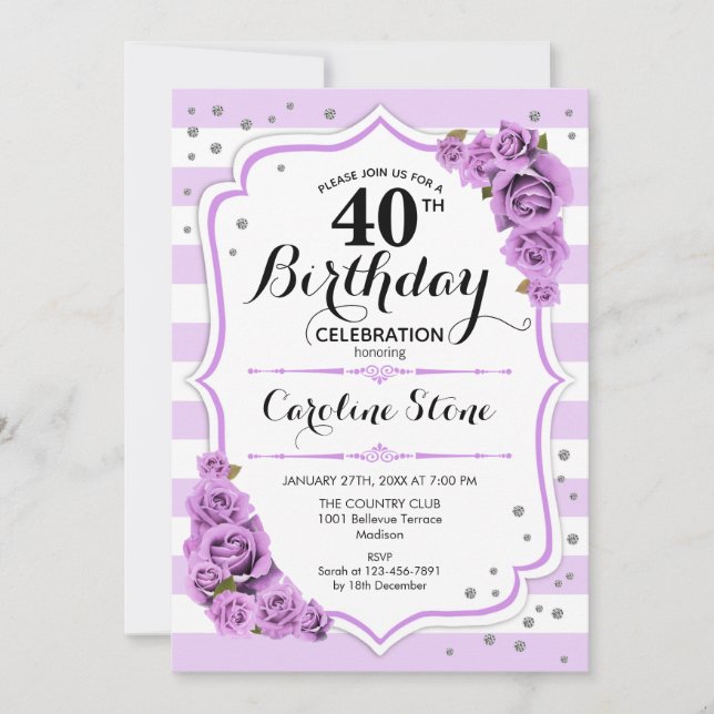 40th Birthday -   Lavender White Purple Flowers Invitation (Front)