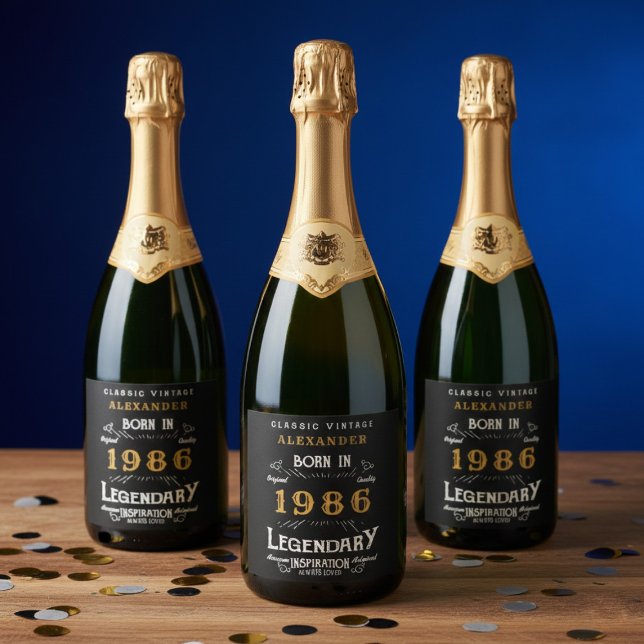 40th Birthday Legend Add Your Name 1986 Vintage Sparkling Wine Label (1986 legendary sparkling wine label. Blue background.
 )