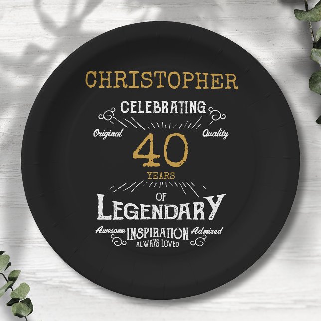 40th Birthday Legendary Black Gold Retro Paper Plates (For those celebrating their 40th birthday we have the ideal birthday party plates)