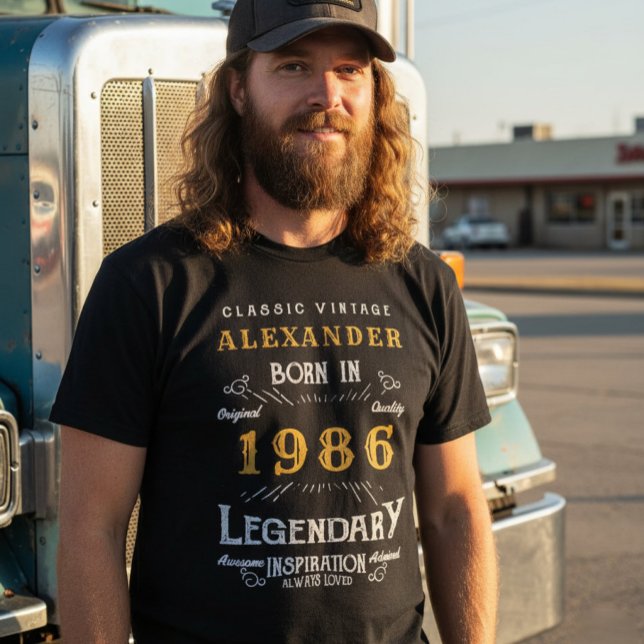 40th Birthday Legendary Since 1986 Black T-Shirt (1986 black t-shirt worn by a man with a truck behind him.  )