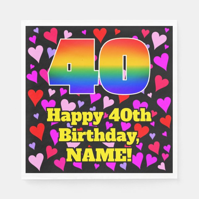 40th Birthday: Loving Hearts Pattern, Rainbow # 40 Napkins (Front)