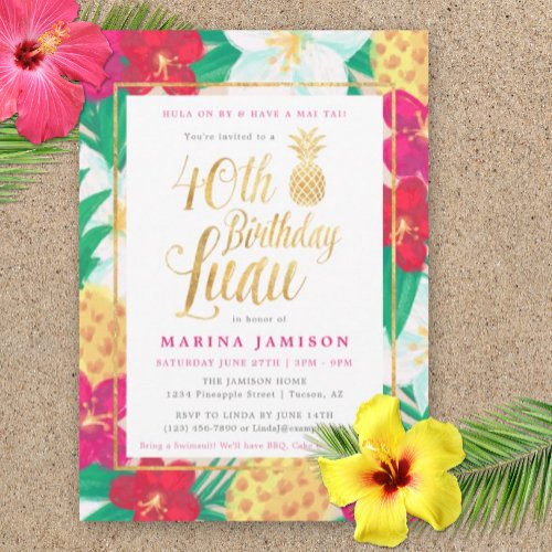 40th Birthday Luau Invitations  Pink  Gold