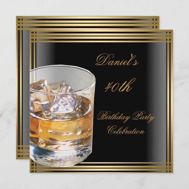 40th Birthday Mens Black Gold Cold Drinks Mans Invitation (Front/Back)