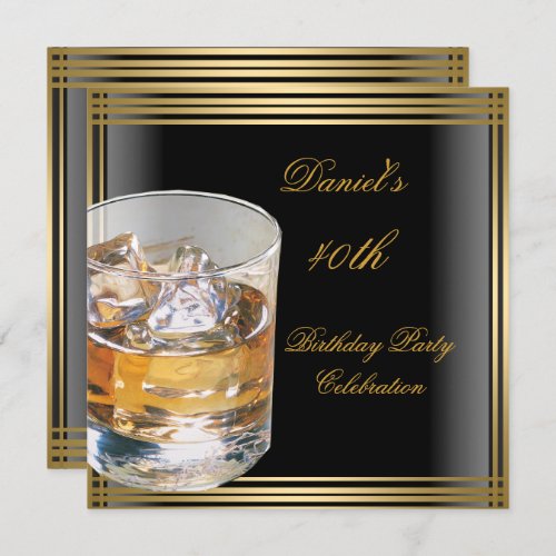 40th Birthday Mens Black Gold Cold Drinks Mans Invitation