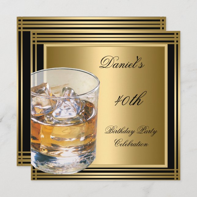 40th Birthday Mens Black Gold Cold Drinks Mans Invitation (Front/Back)