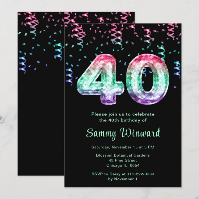 40th Birthday Mermaid Balloons with Confetti Invitation (Front/Back)