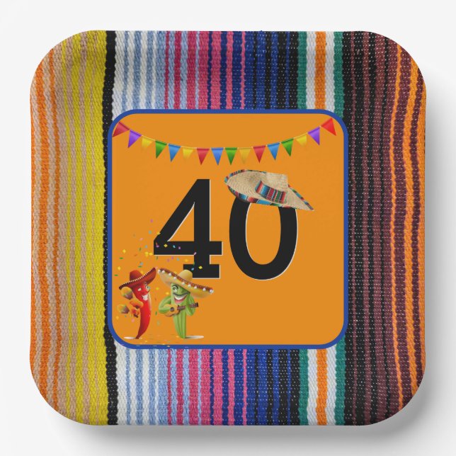 40th Birthday Mexican Design Paper Plates (Front)