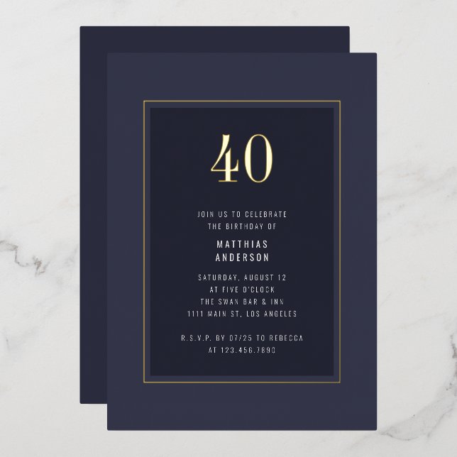 40th Birthday Minimal Elegant Dark Gold Frame Foil Invitation (Front/Back)