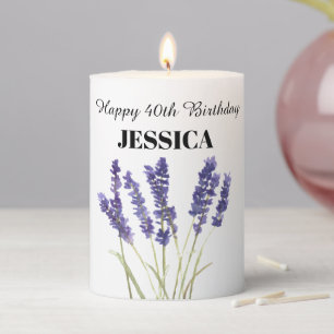 40th Birthday Minimalist Purple Floral Elegant Pillar Candle