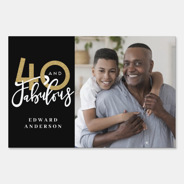 40th birthday modern black and gold photo collage  sign (Front)