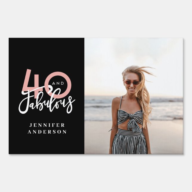 40th birthday modern black and pink photo collage sign (Front)