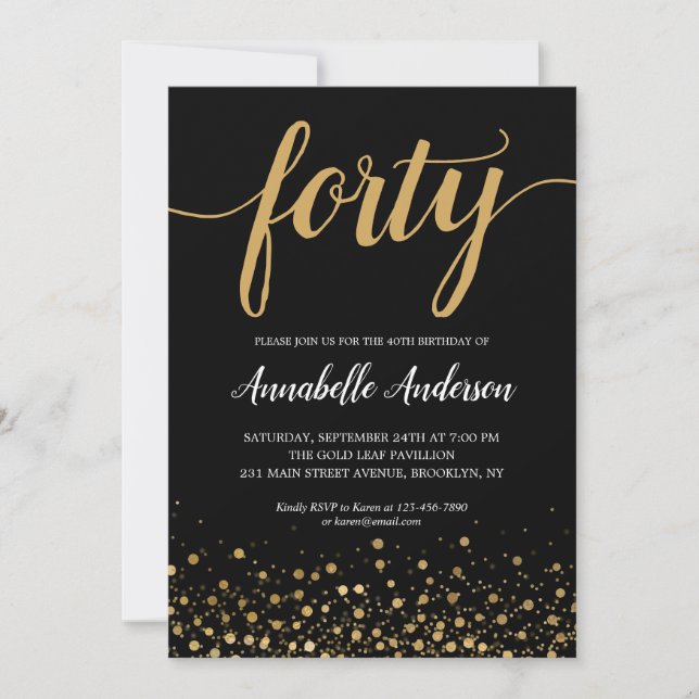40th Birthday Modern Black Gold Confetti Script Invitation (Front)