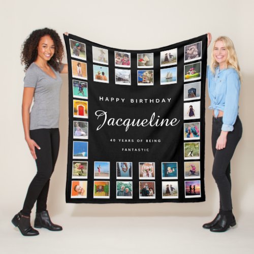 40th Birthday Modern Chic Photo Collage Black Fleece Blanket