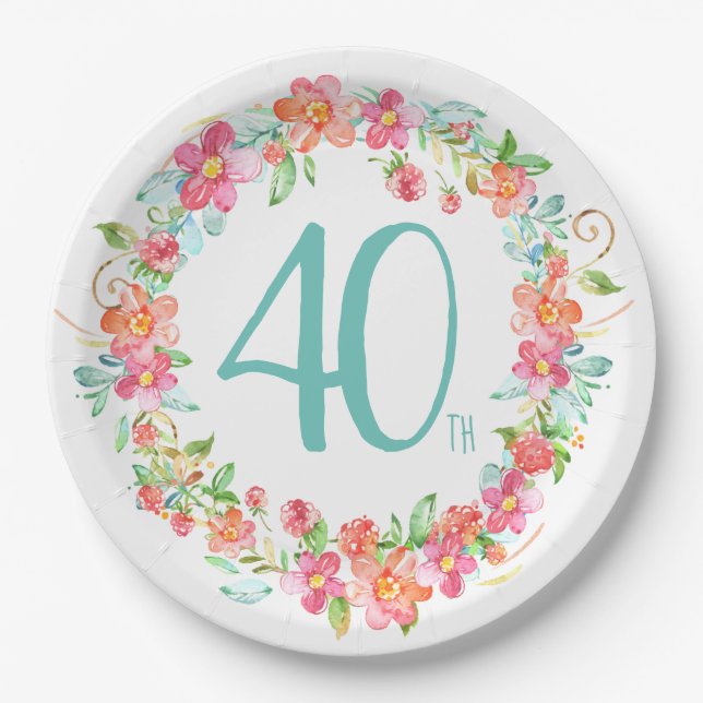 40th birthday modern floral garden party paper plates (Front)