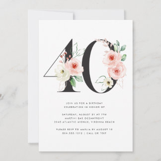 40th Birthday Modern Floral Rose Gold Greenery Invitation