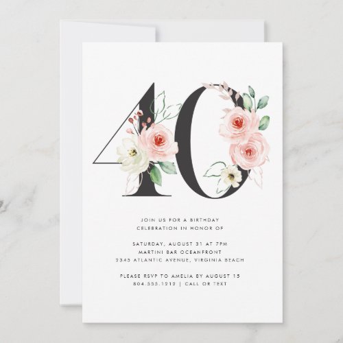 40th Birthday Modern Floral Rose Gold Greenery  Invitation