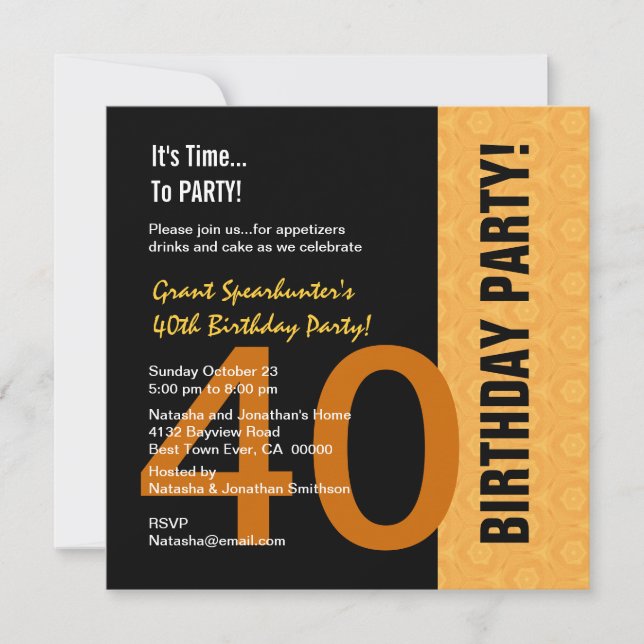 40th Birthday Modern Gold and Black C843 Invitation (Front)