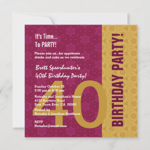 40th Birthday Modern Gold and Maroon Funny D848H1 Invitation
