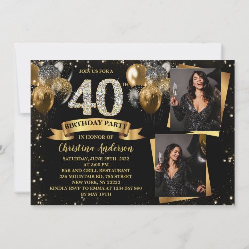 40th Birthday Modern Gold Glitter Balloons 2 Photo Invitation