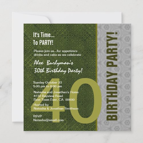 40th Birthday Modern Green and Silver S302 Custom Invitations