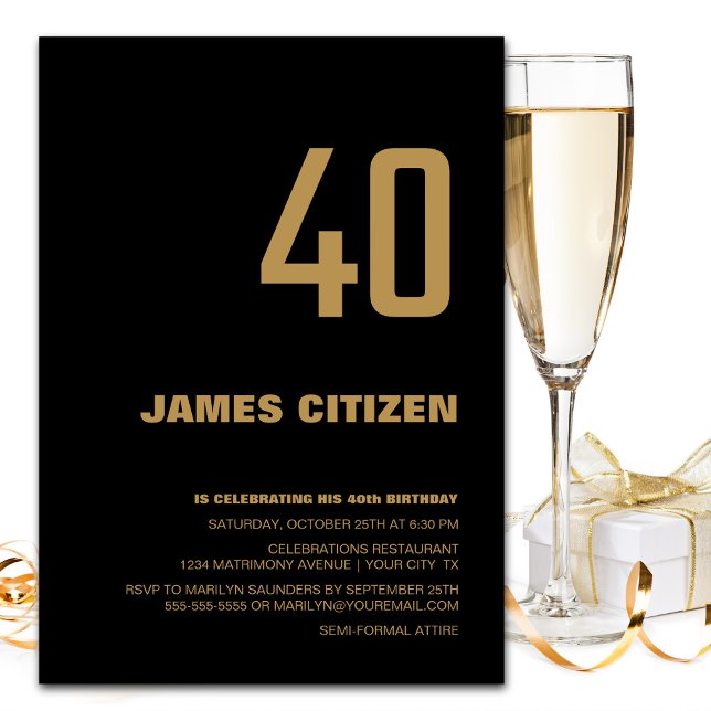 40th Birthday Modern Minimalist Black Gold Party Invitation (Creator Uploaded)
