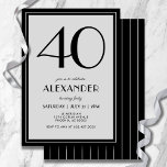 40th Birthday Modern Minimalist Mens Black Gray Invitation<br><div class="desc">Celebrate turning forty in sophisticated style with this black and light gray 40th birthday invitation for men or women. Designed with bold typography on a sleek minimalist layout, it blends modern elegance with timeless appeal. The back features clean black and gray stripes for a refined, polished finish. Perfect for an...</div>