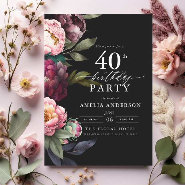 40th Birthday Modern Moody Burgundy Blush Floral Invitation (Creator Uploaded)