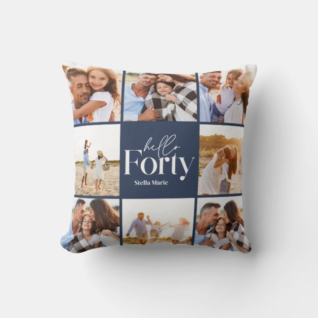 40th birthday modern navy blue photo collage throw pillow (Front)