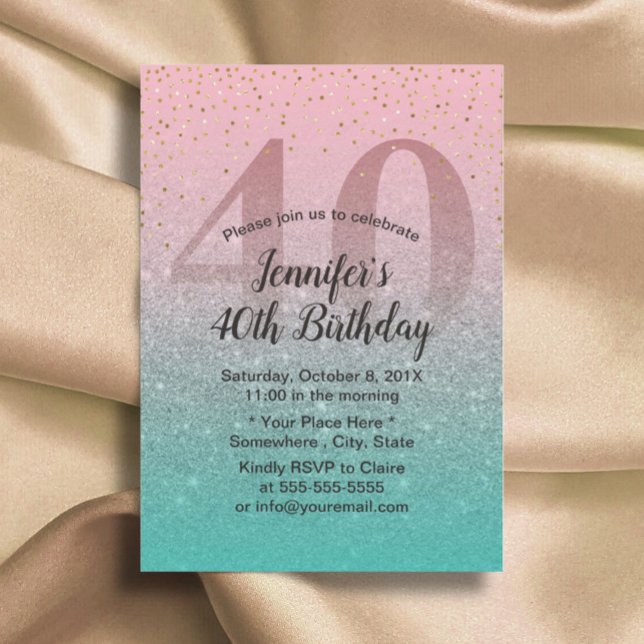 40th Birthday Modern Pink Turquoise Glitter Ombre Invitation (Creator Uploaded)