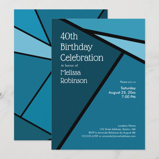 40th Birthday Modern Teal Geometric Shapes Invitation (Front/Back)
